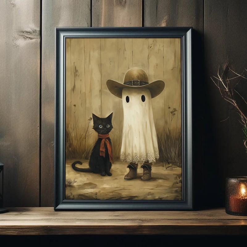 Halloween Cowboy Ghost and Black Cat Vintage Style Art Frame Halloween Decor