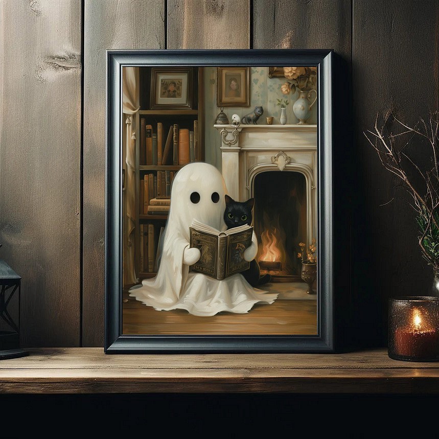 Halloween Cute Ghost and Black Cat Art Frame Halloween Decor