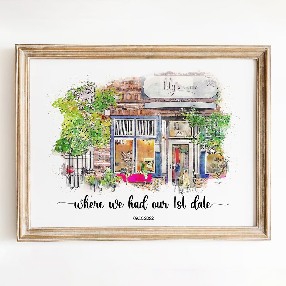 Custom Where We Met Watercolor Painting Sign Anniversary Gift for Couples