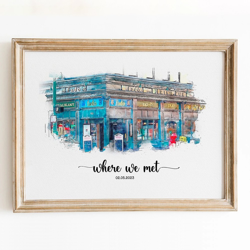 Custom Where We Met Watercolor Painting Sign Anniversary Gift for Couples