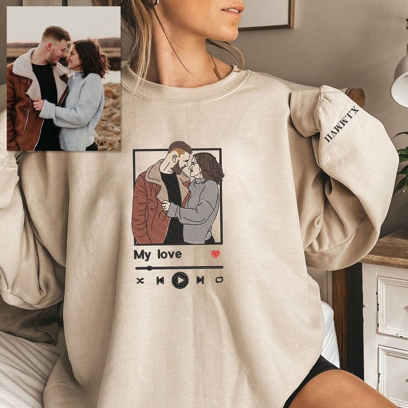 Custom Embroidered Portrait Sweatshirt Music Player Couple Family Gift For Boyfriend