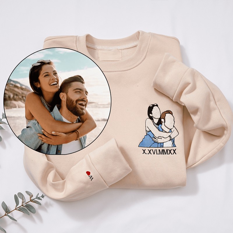 Custom Embroidered Portrait Sweatshirt Music Player Couple Family Gift For Boyfriend