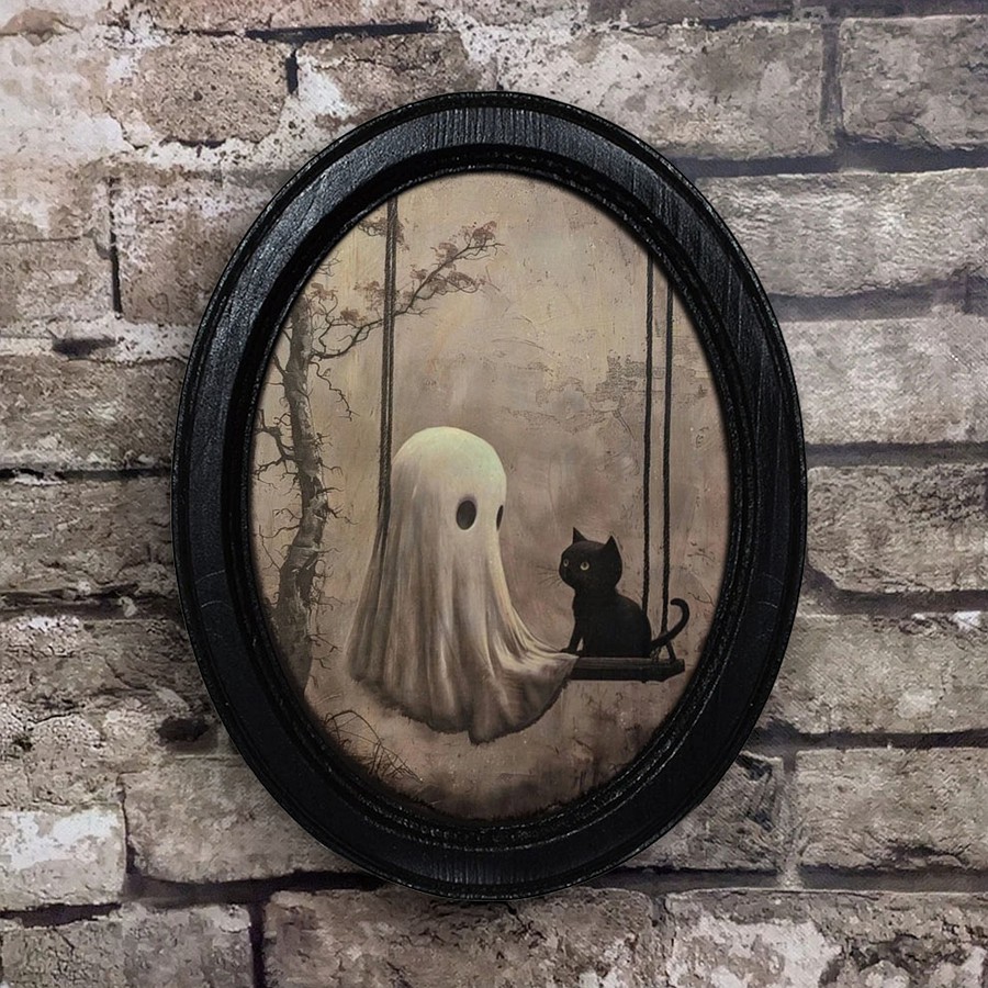 Vintage Ghost On Swing with Black Cat Halloween Black Oval Wooden Frame Halloween Decor