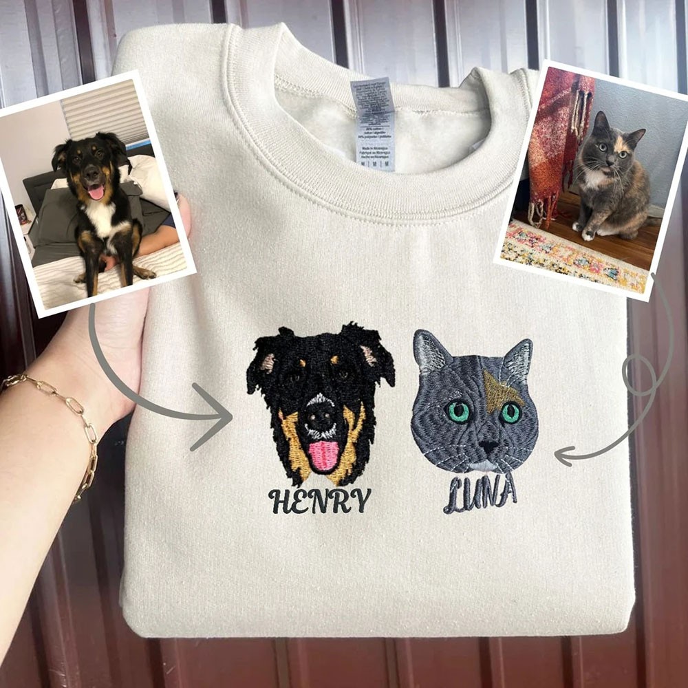 Custom Embroidered Sweatshirt With Pet Portrait Gift For Pet Lover