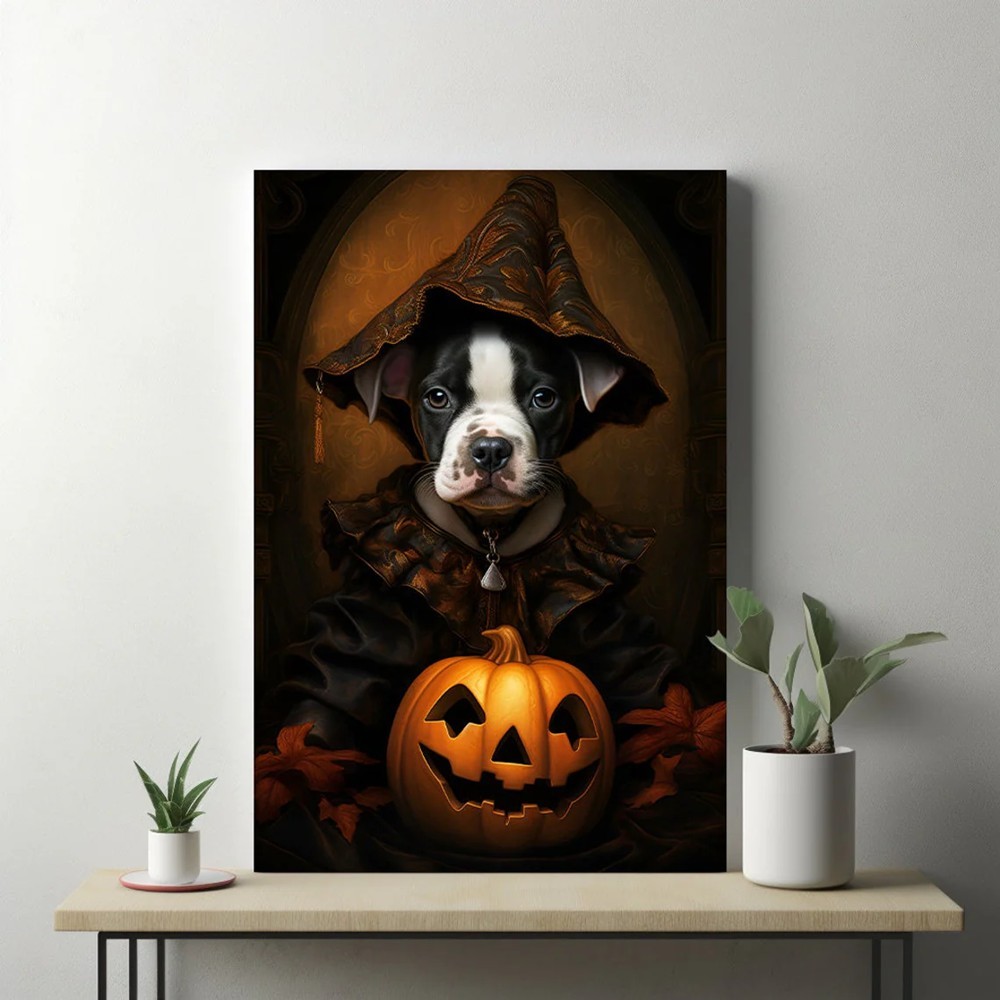 Halloween Pet Portrait Poster Canvas Halloween Wall Decor Art Funny Pet Lover Halloween Gift