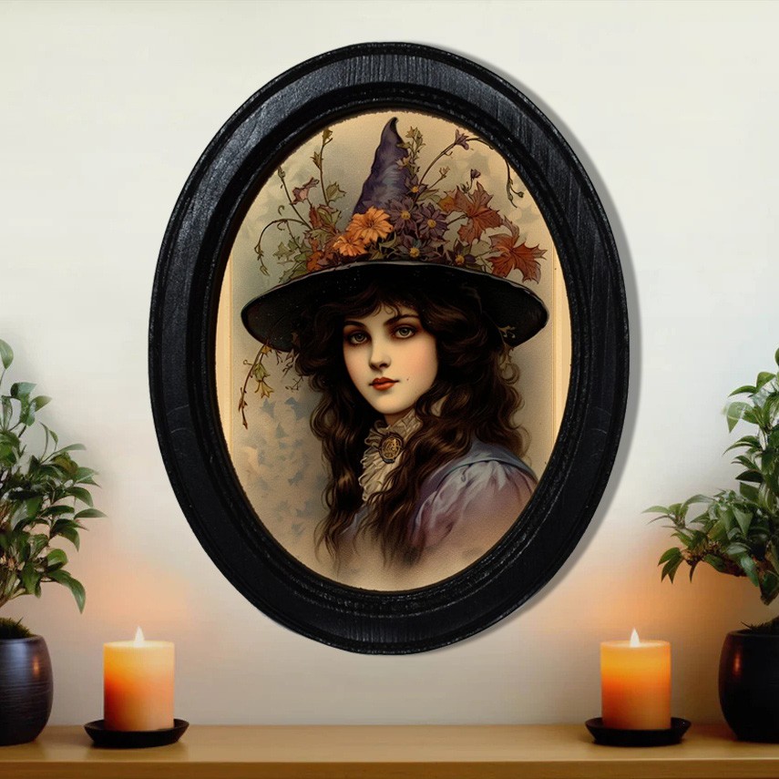 Witch Halloween Black Oval Wooden Frame Halloween Decor