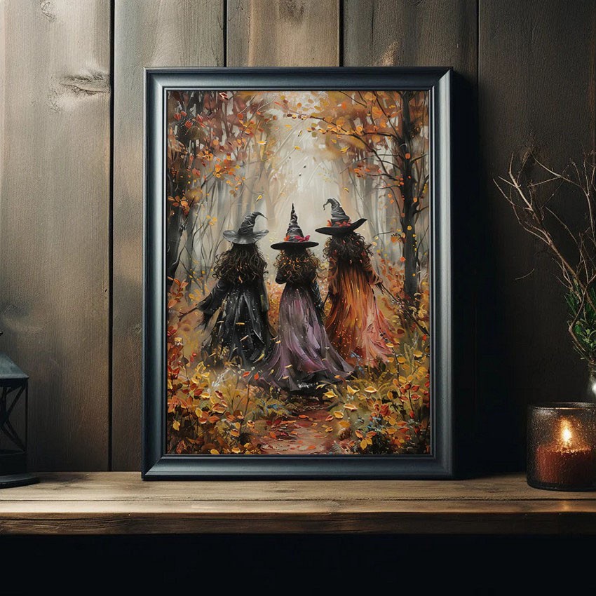 Halloween Vintage Three Witches In The Forest Art Frame Halloween Decor