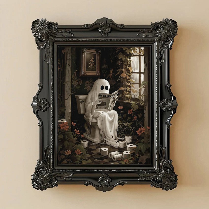 Halloween Ghost Reading Newspaper on Toilet Art Frame Halloween Decor