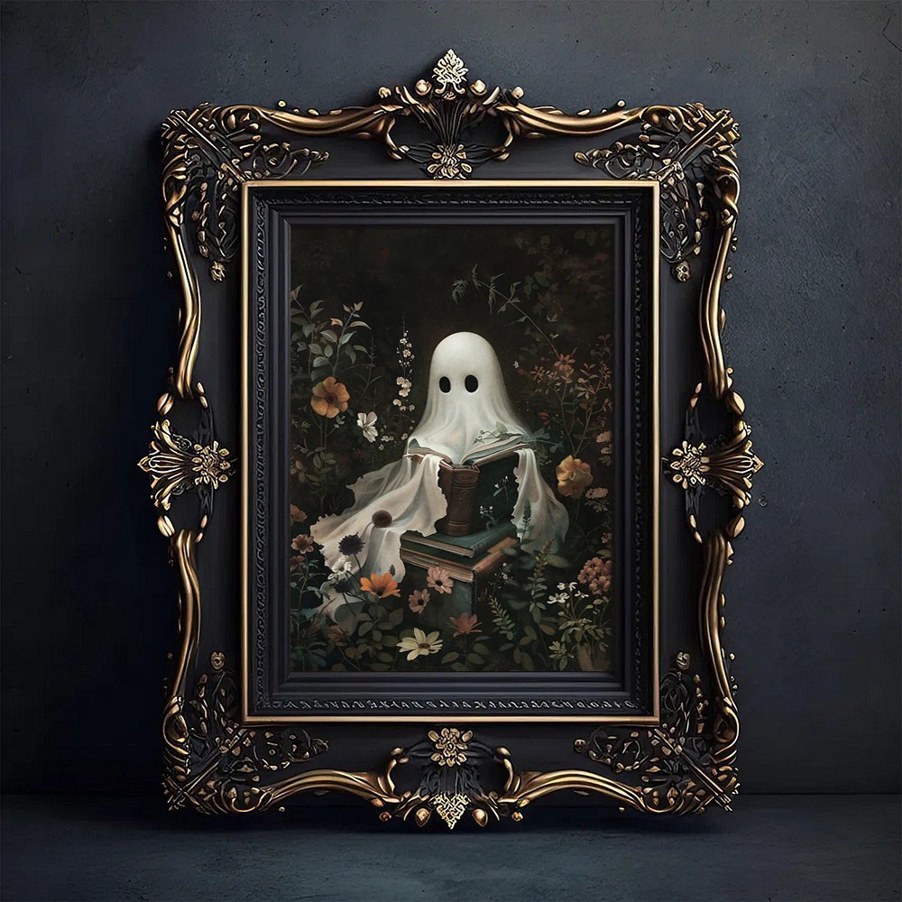 Halloween Cute Ghost Reading Books Art Frame Halloween Decor