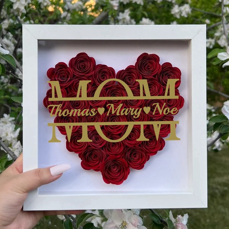 Mom Heart Shaped Monogram Flower Shadow Box Gift For Mothers