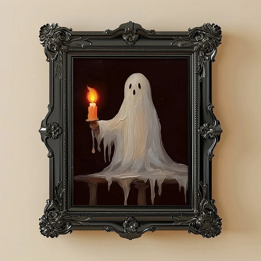 Halloween Dark Academia Haunting Ghost Holding A Candle Vintage Style Art Frame Halloween Decor