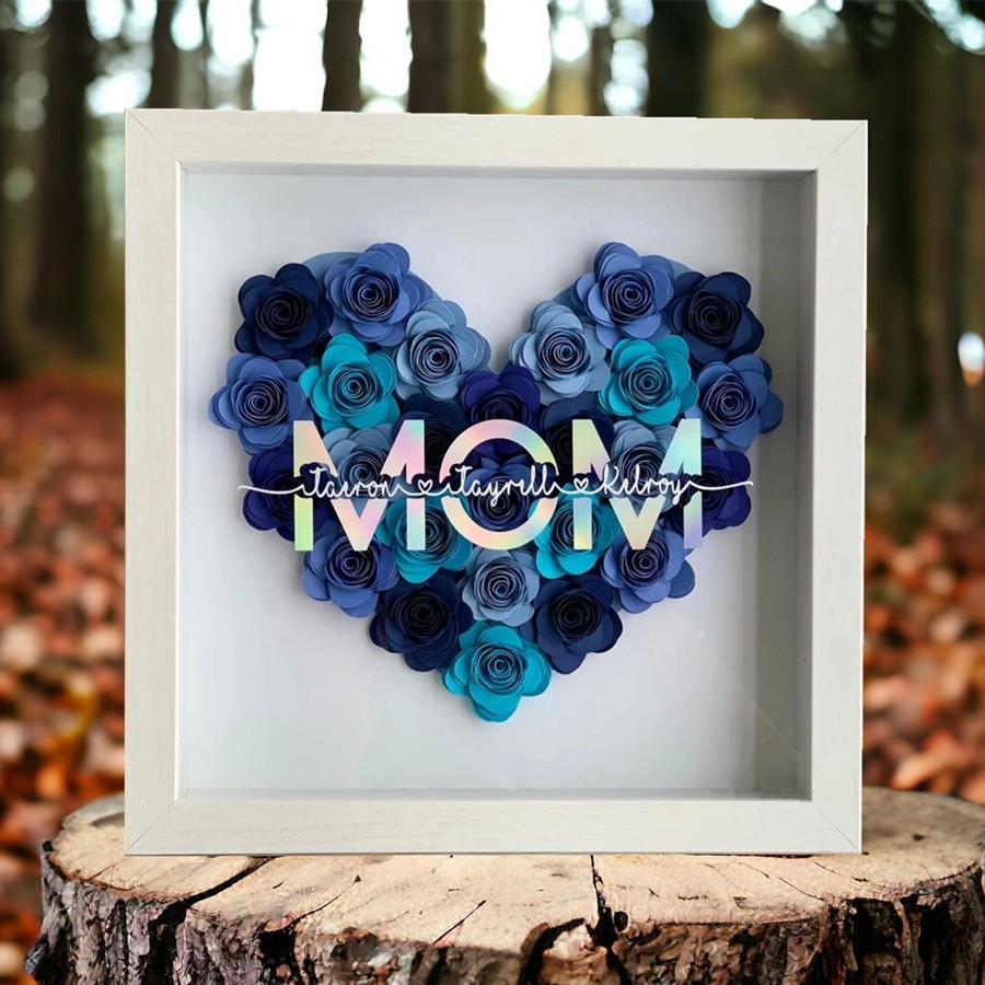 Mom Heart Shaped Monogram Flower Shadow Box Gift For Mothers