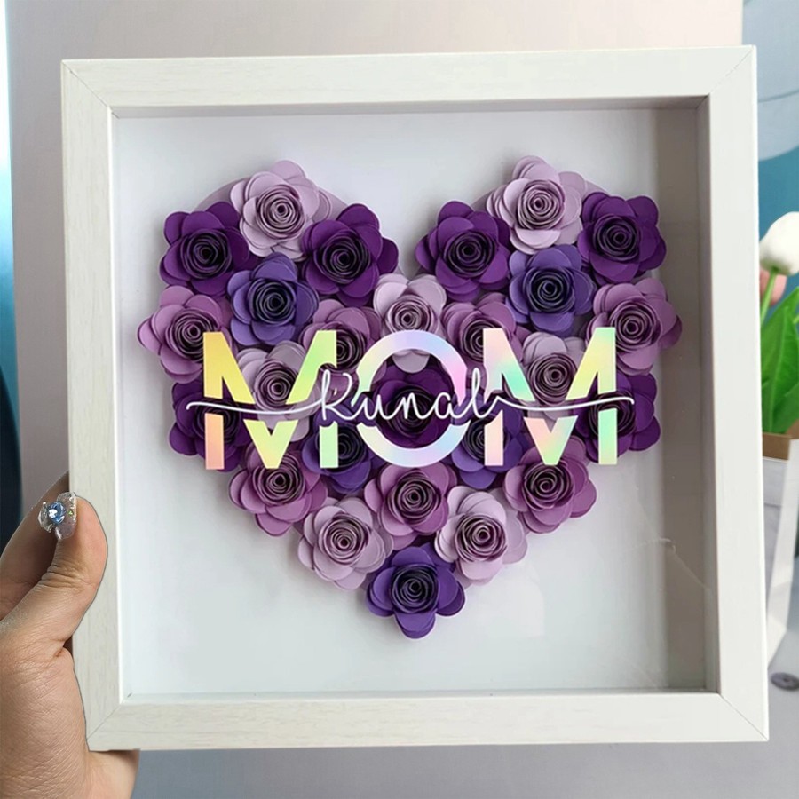 Mom Heart Shaped Monogram Flower Shadow Box Gift For Mothers