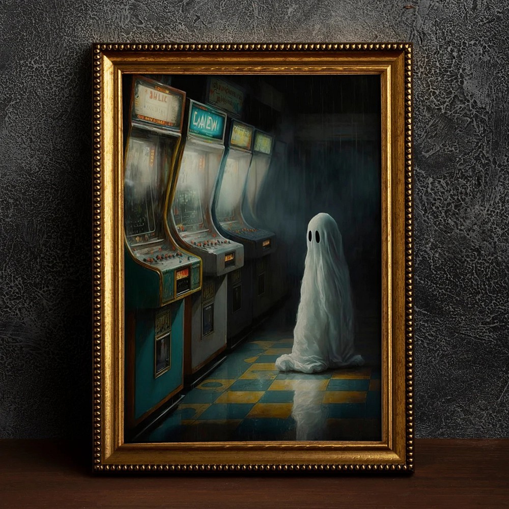 Halloween Ghost in an Abandoned Arcade Vintage Style Art Frame Halloween Decor