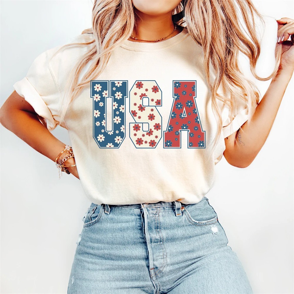 4th of July Comfort Colors T-Shirt - USA Floral Flowers Shirt - Independence day Women Tee