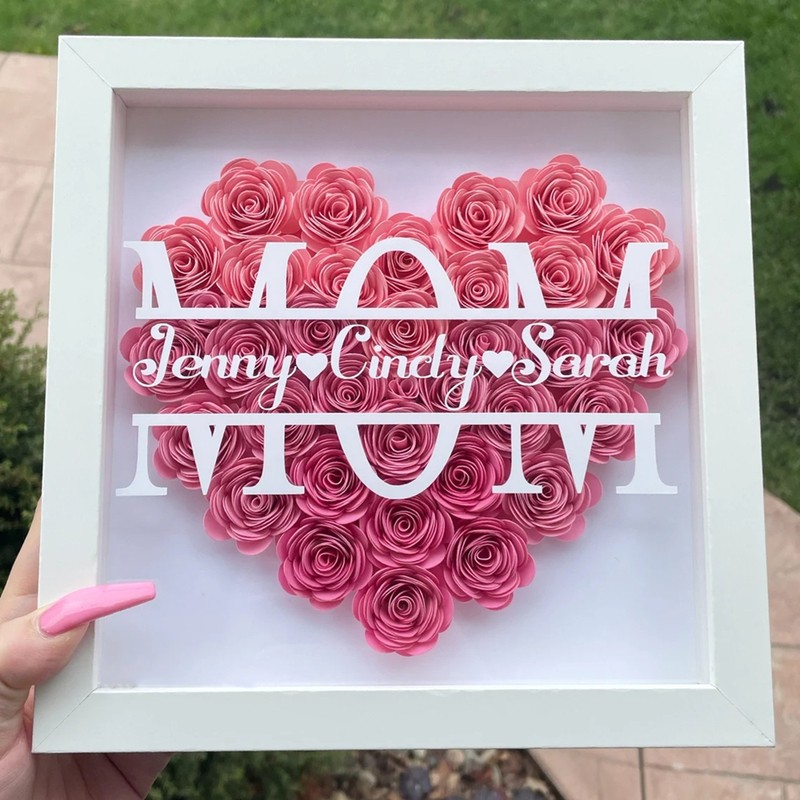 Mom Heart Shaped Monogram Flower Shadow Box Gift For Mothers