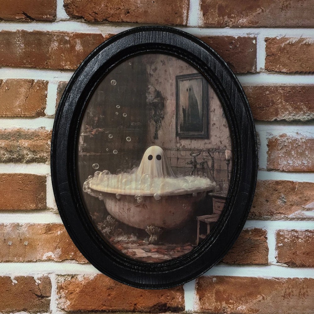 Vintage Ghost In Bathtub Halloween Black Oval Wooden Frame Halloween Decor