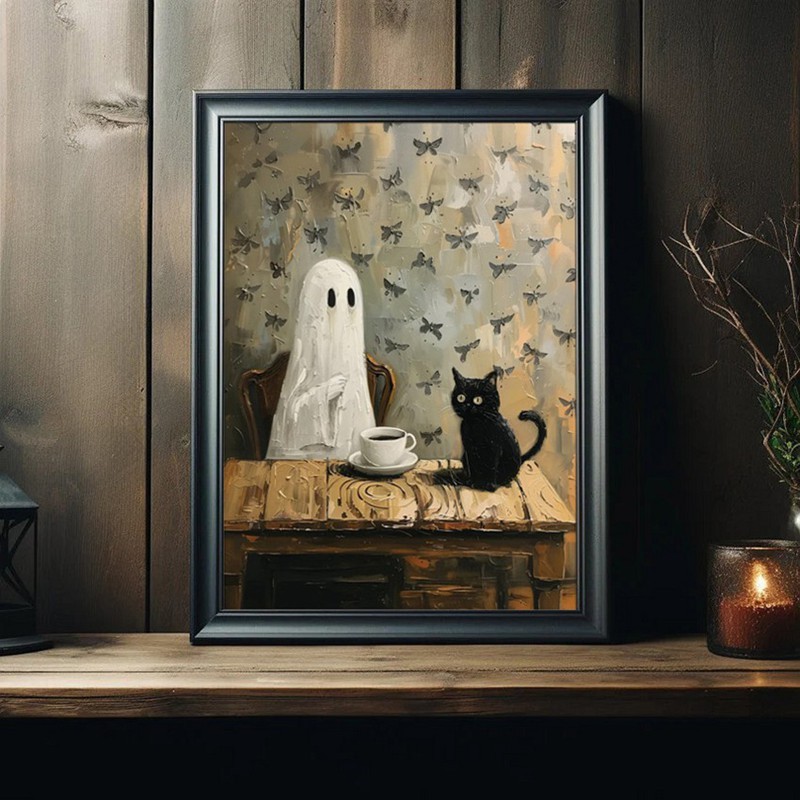 Halloween Coffee Time Ghost and Black Cat Vintage Style Art Frame Halloween Decor