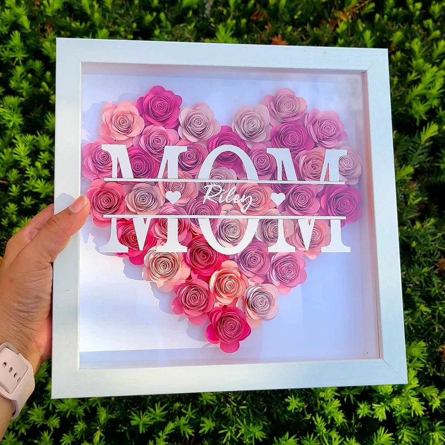 Mom Heart Shaped Monogram Flower Shadow Box Gift For Mothers