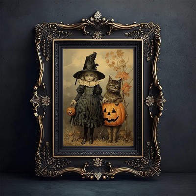 Halloween Witch and Cat Vintage Art Frame Halloween Decor