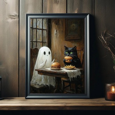 Halloween Ghost and Black Cat Eating Cheeseburgers Vintage Style Art Frame Halloween Decor