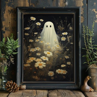 Halloween Floral Ghost Rustic Vintage Style Art Frame Halloween Decor