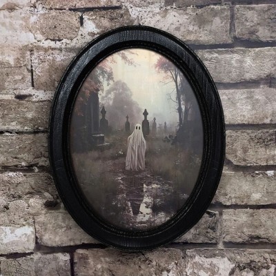 Vintage Ghost In Cemetery Halloween Black Oval Gothic Style Wooden Frame Halloween Decor