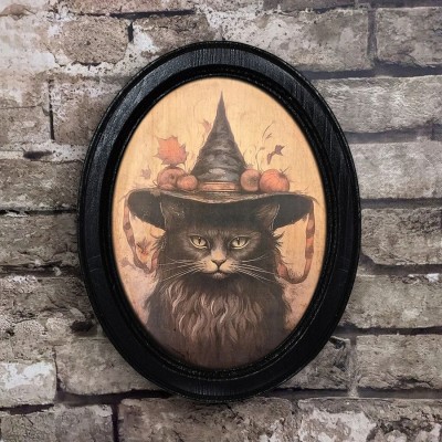 Vintage Black Cat in Witch Hat Halloween Black Oval Wooden Frame Halloween Decor